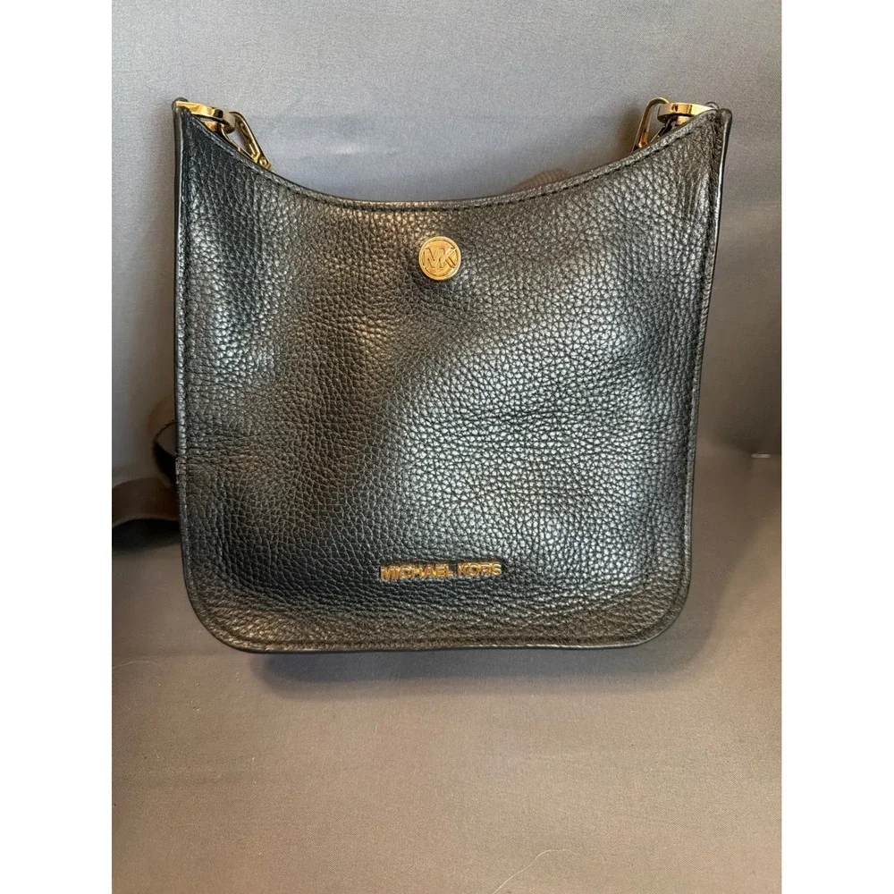 Michael Kors Black Pebbled Leather Crossbody Messenger Bag Gold Hardware